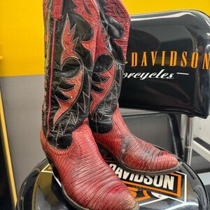 VINTAGE DAN POST Red and black TEJU Lizard cowboy boots women’s 5C! Cowgirl
